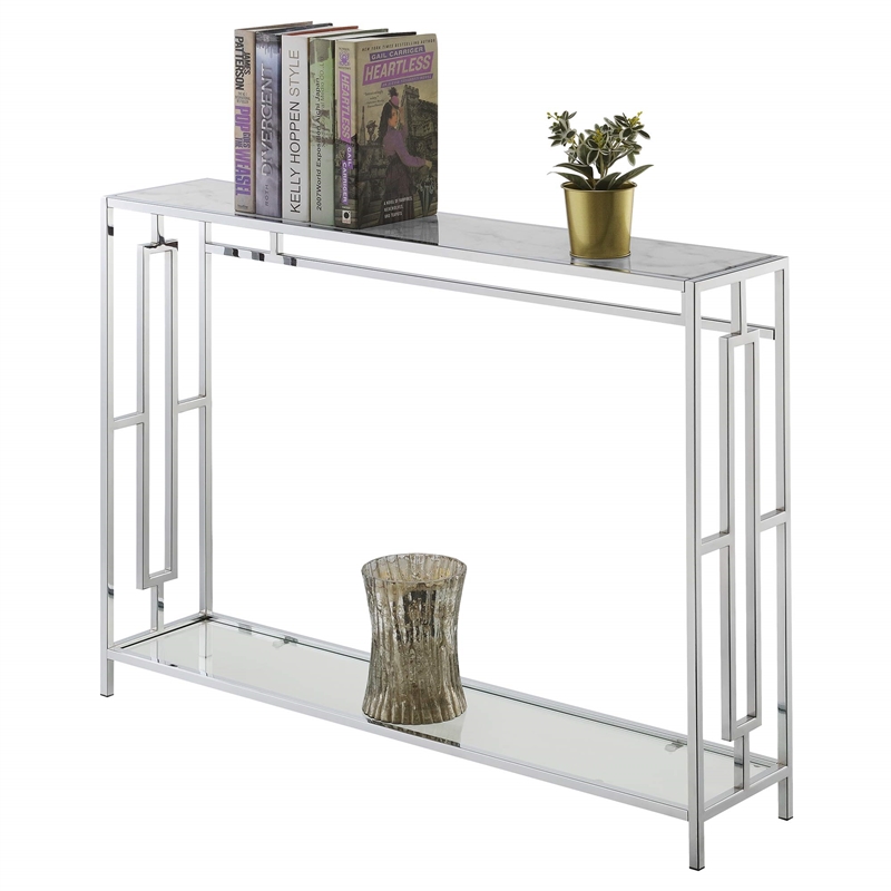 Town Square Chrome Metal Console Table with White Faux Marble Top and Glass
