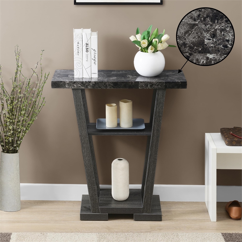 Convenience Concepts Newport V Console Table in Gray Wood with Faux Marble Top