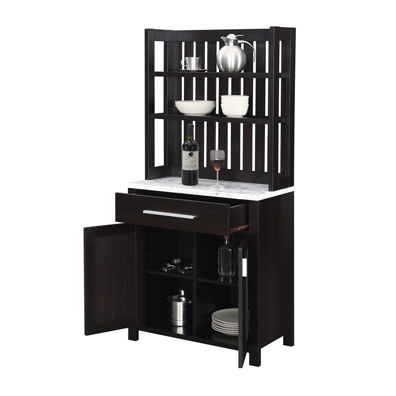 Sawyer Wine Bar with Cabinet in Espresso Wood Finish with White Faux Marble Top