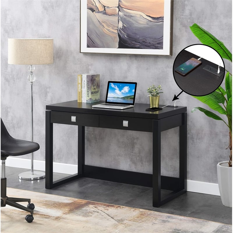 Convenience Concepts Newport Two-Drawer Desk with Charging Station in Black Wood