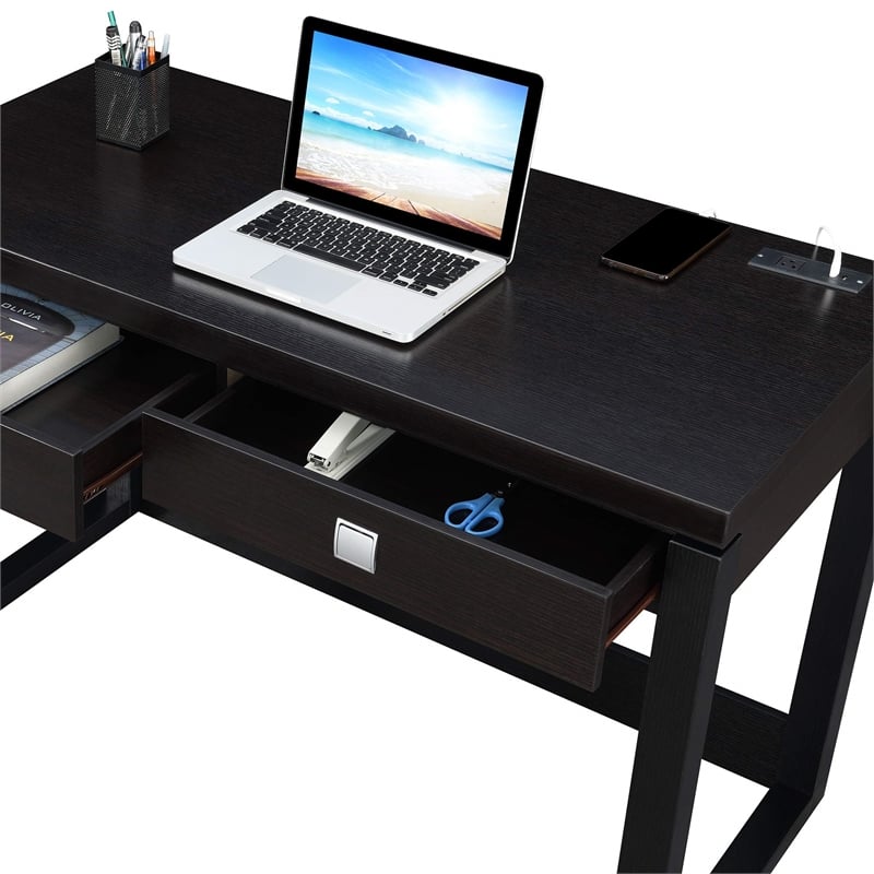 Convenience Concepts Newport Two-Drawer Desk with Charging Station in Black Wood
