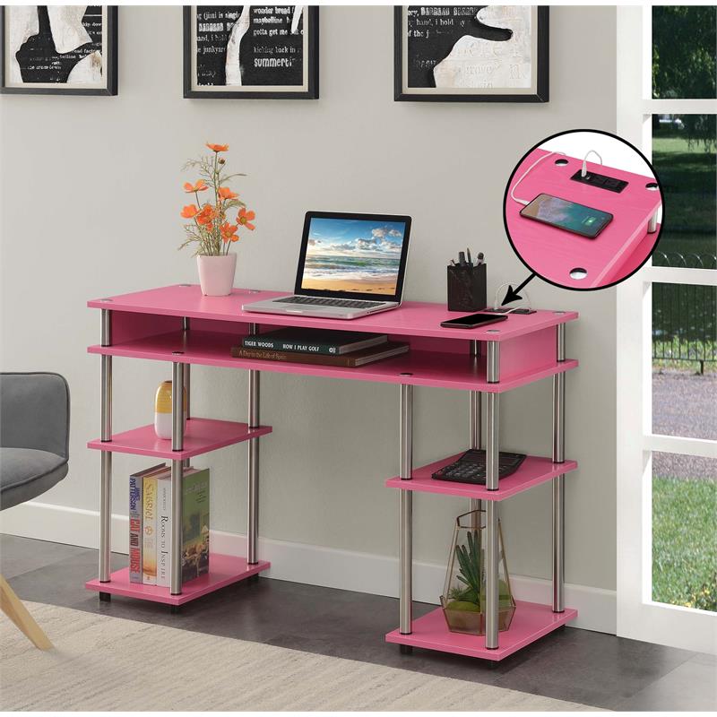Designs2Go No Tools Student Desk with Charging Station in Pink Wood