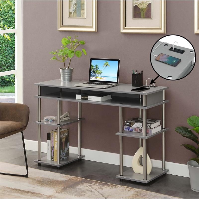 Designs2Go No Tools Student Desk with Charging Station in Gray Wood Finish