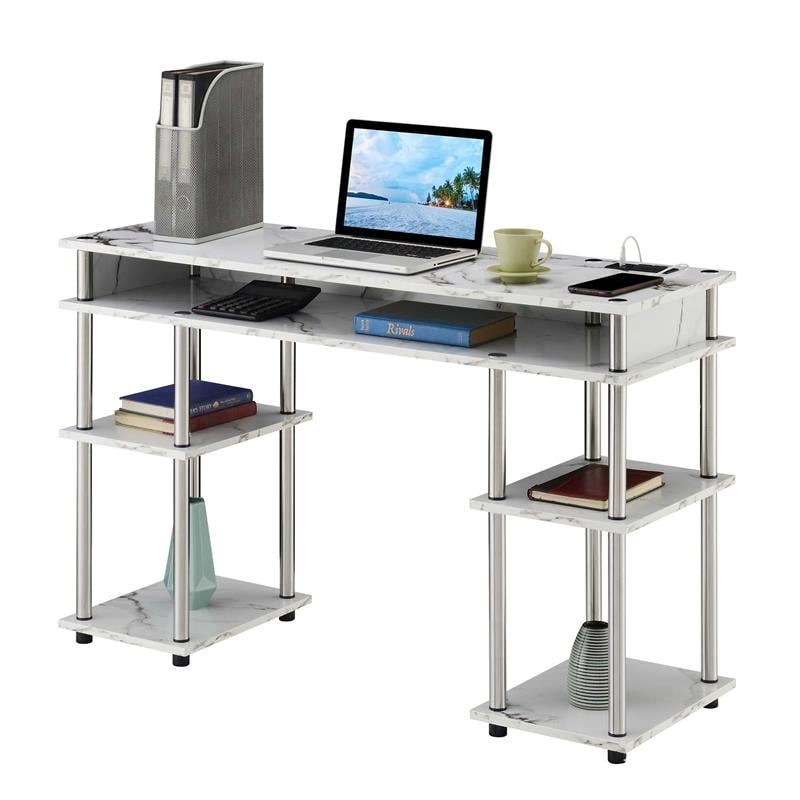 Designs2Go No Tools Student Desk with Charging Station White Faux Marble Wood