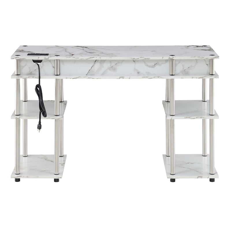 Designs2Go No Tools Student Desk with Charging Station White Faux Marble Wood