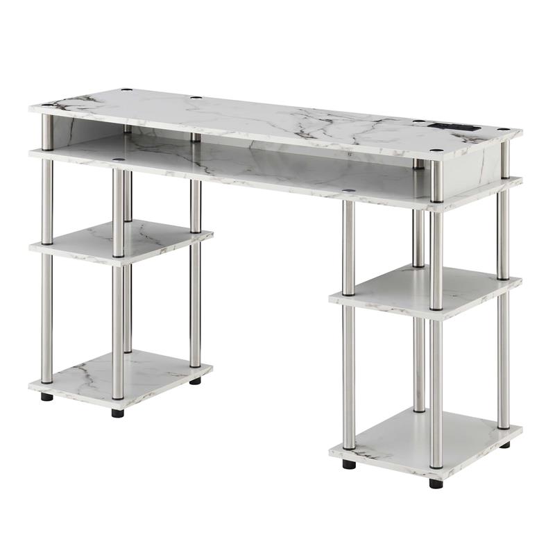 Designs2Go No Tools Student Desk with Charging Station White Faux Marble Wood