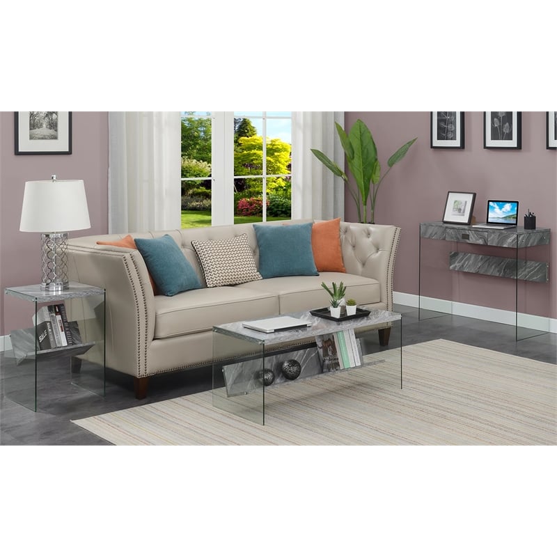 Convenience Concepts Soho Coffee Table in Gray Faux Marble Wood with Glass Sides