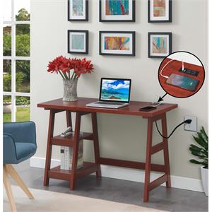 Designs2Go Trestle Desk with Charging Station in Cherry Wood Finish with Shelves