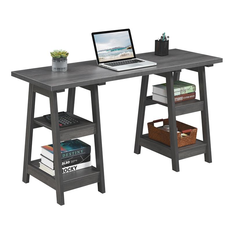 Convenience Concepts Designs2Go Double Trestle Desk in Gray Wood Finish