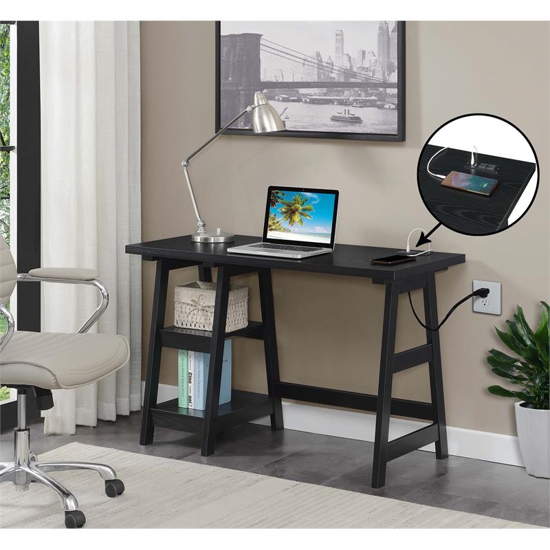 Designs2Go Trestle Desk with Charging Station in Black Wood Finish