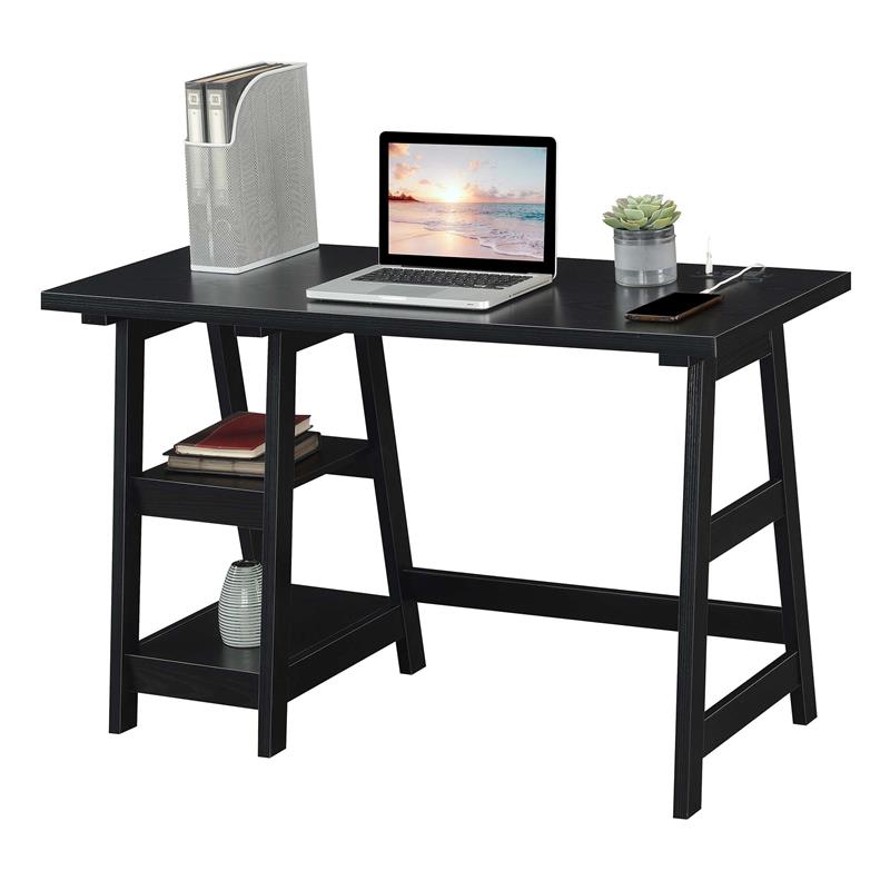 Designs2Go Trestle Desk with Charging Station in Black Wood Finish