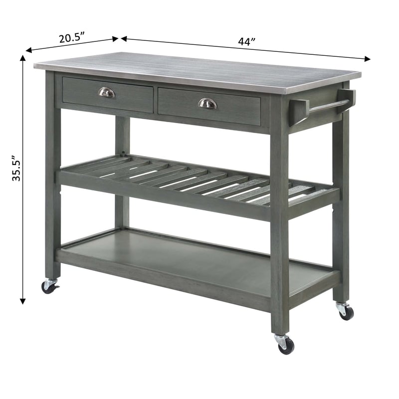 American Heritage Stainless Steel Top Kitchen Cart in Gray Wood Finish