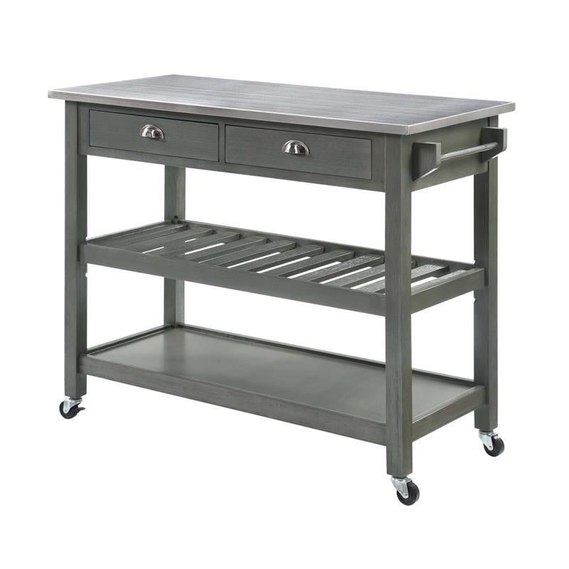 American Heritage Stainless Steel Top Kitchen Cart in Gray Wood Finish