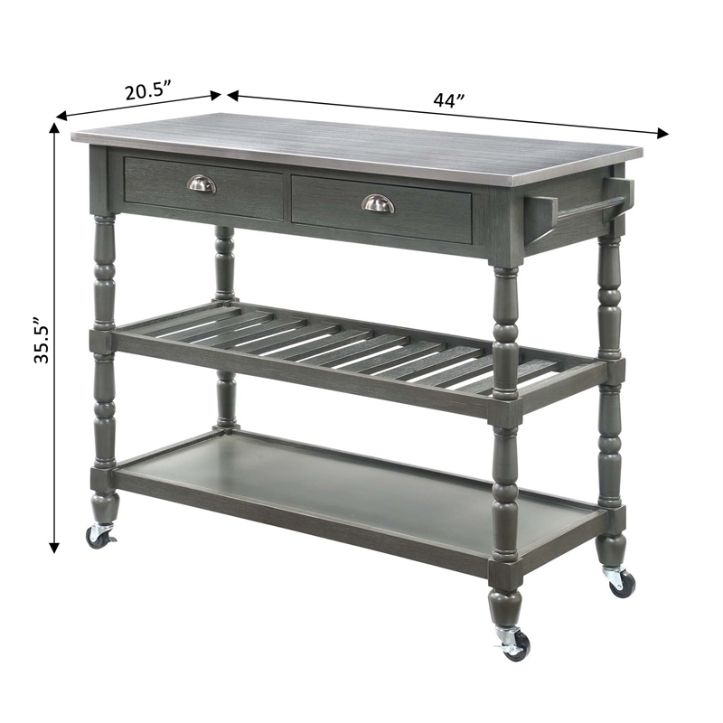Convenience Concepts French Country Stainless Steel Top Kitchen Cart- Gray Wood