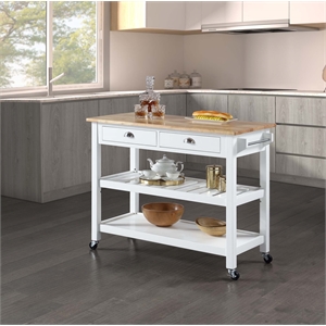 american heritage butcher block top kitchen cart in white wood finish