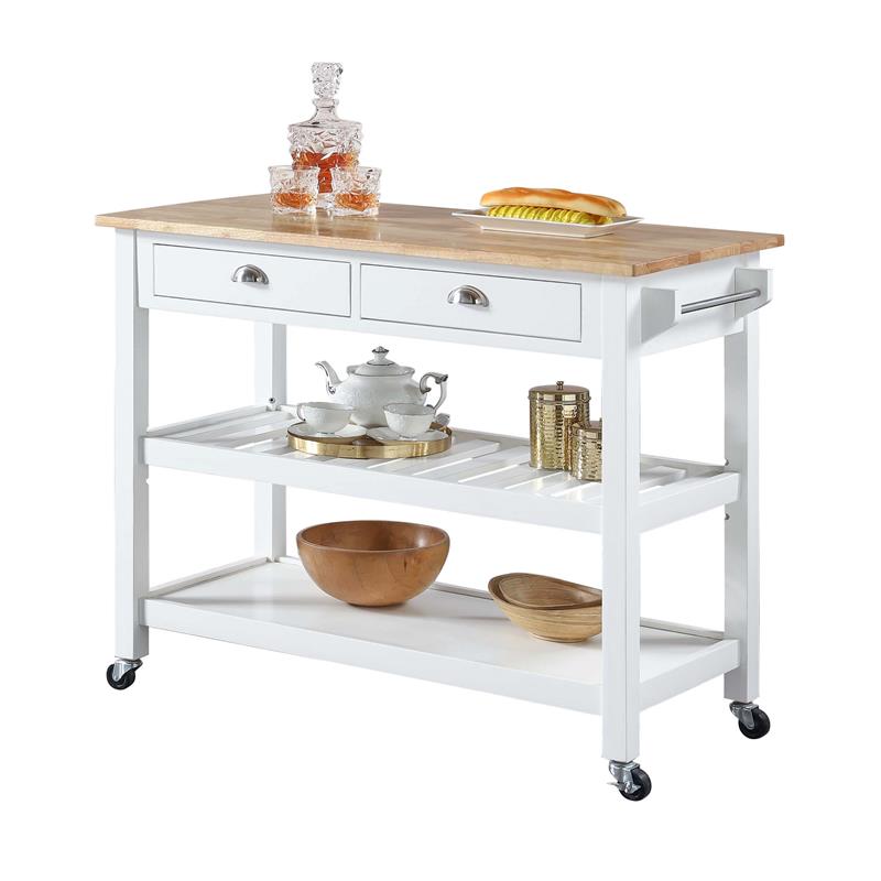 American Heritage Butcher Block Top Kitchen Cart in White Wood Finish