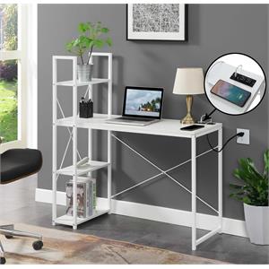 Designs2Go Office Workstation with Charging Station and Shelves in White Wood
