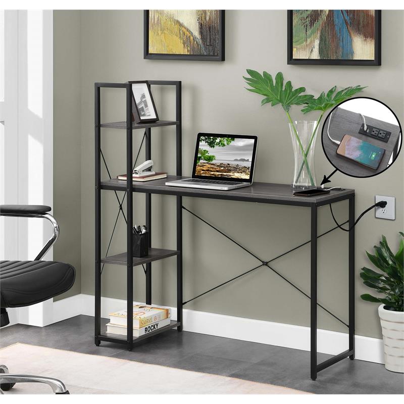 Designs2Go Office Workstation with Charging Station and Shelves in Gray Wood
