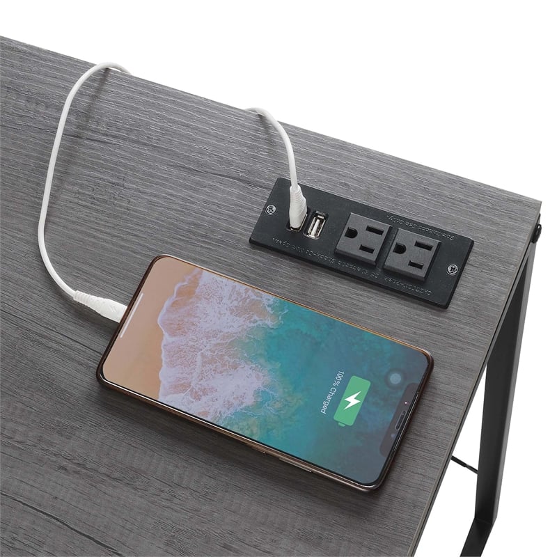 Designs2Go Office Workstation with Charging Station and Shelves in Gray Wood