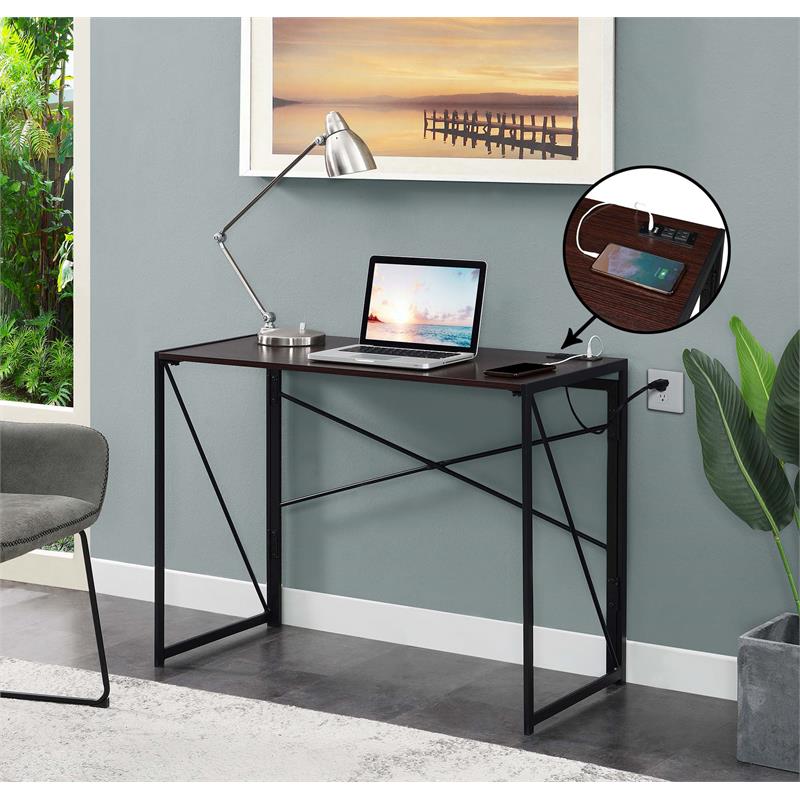 Convenience Concepts Xtra Folding Desk with Charging Station in Espresso Wood