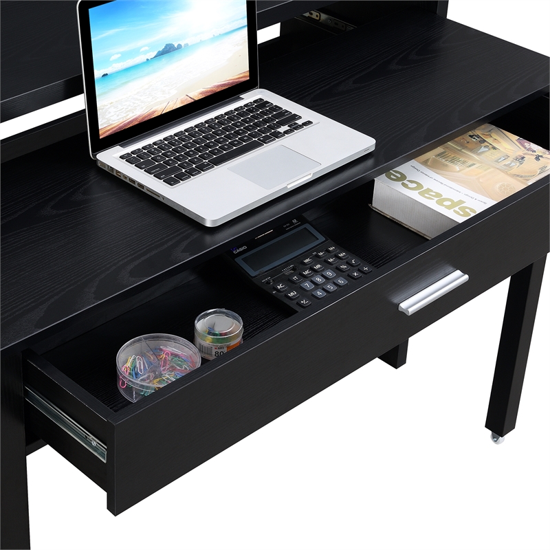 Newport JB Console/Sliding Desk with Drawer and Riser in Black Wood Finish