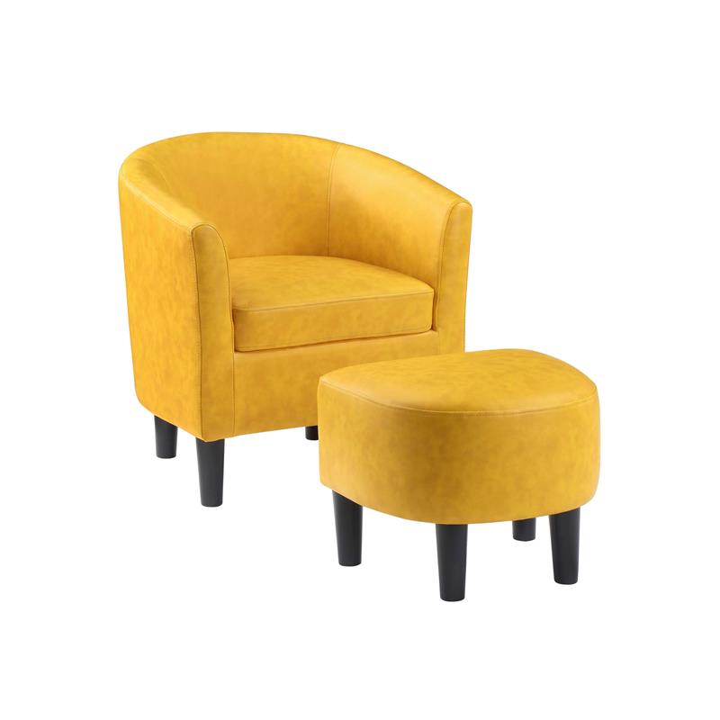Take-a-Seat Churchill Accent Chair with Ottoman in Yellow Faux Leather Fabric