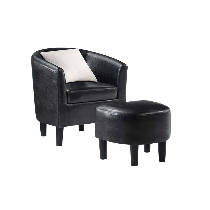 Take-a-Seat Churchill Accent Chair with Ottoman in Black Faux Leather Fabric