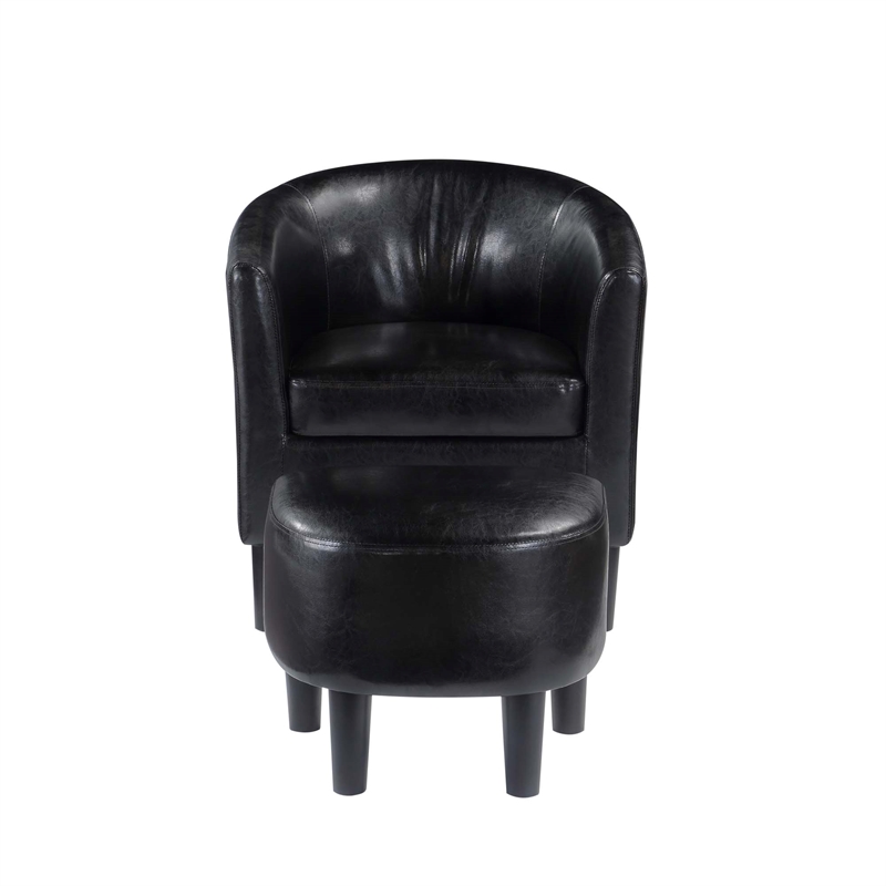 Take-a-Seat Churchill Accent Chair with Ottoman in Black Faux Leather Fabric