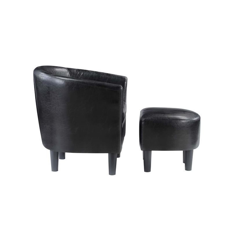 Take-a-Seat Churchill Accent Chair with Ottoman in Black Faux Leather Fabric