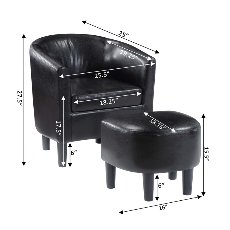 Take-a-Seat Churchill Accent Chair with Ottoman in Black Faux Leather Fabric