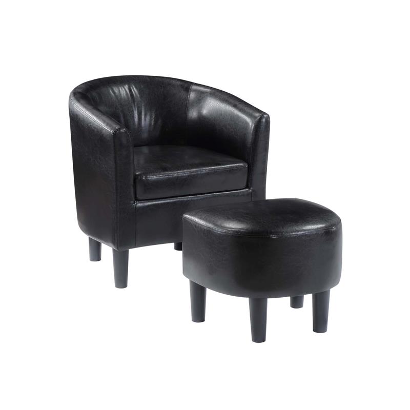 Take-a-Seat Churchill Accent Chair with Ottoman in Black Faux Leather Fabric