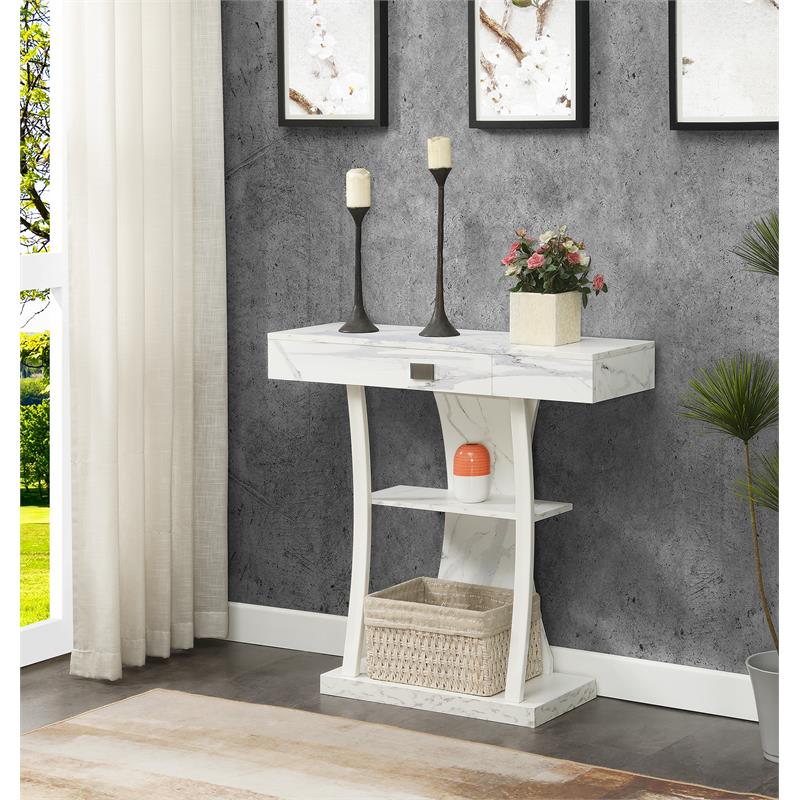 Newport One-Drawer Harri Console Table with Shelves in White Faux Marble Wood