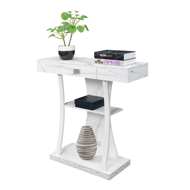 Newport One-Drawer Harri Console Table with Shelves in White Faux Marble Wood