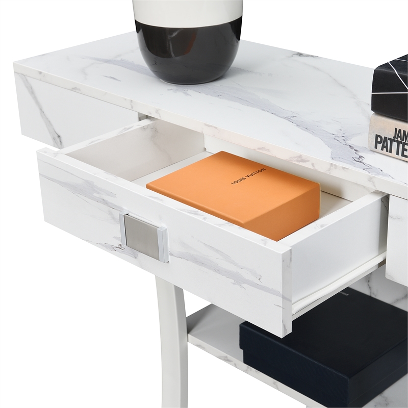 Newport One-Drawer Harri Console Table with Shelves in White Faux Marble Wood