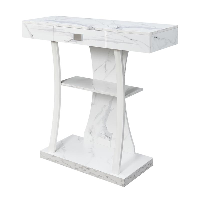 Newport One-Drawer Harri Console Table with Shelves in White Faux Marble Wood