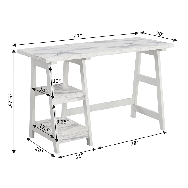 Designs2Go Trestle Desk with Shelves in White Faux Marble Wood Finish