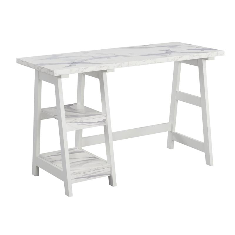 Designs2Go Trestle Desk with Shelves in White Faux Marble Wood Finish