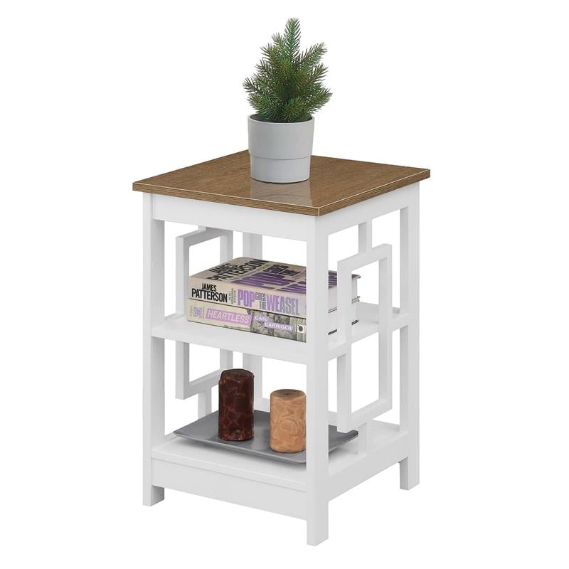 Town Square End Table with Shelves in White Wood with Driftwood Top Finish