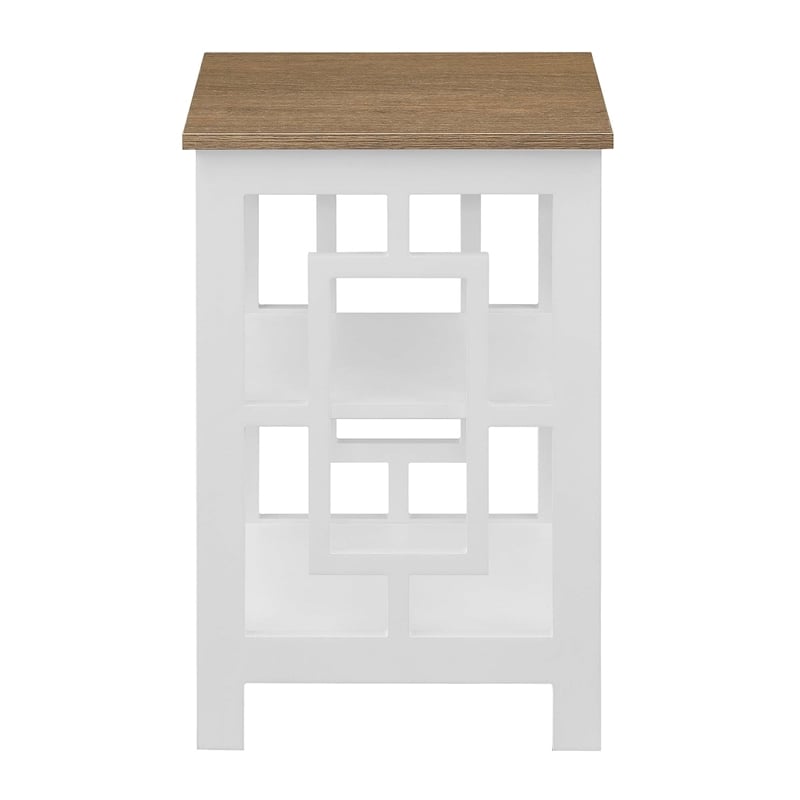 Town Square End Table with Shelves in White Wood with Driftwood Top Finish