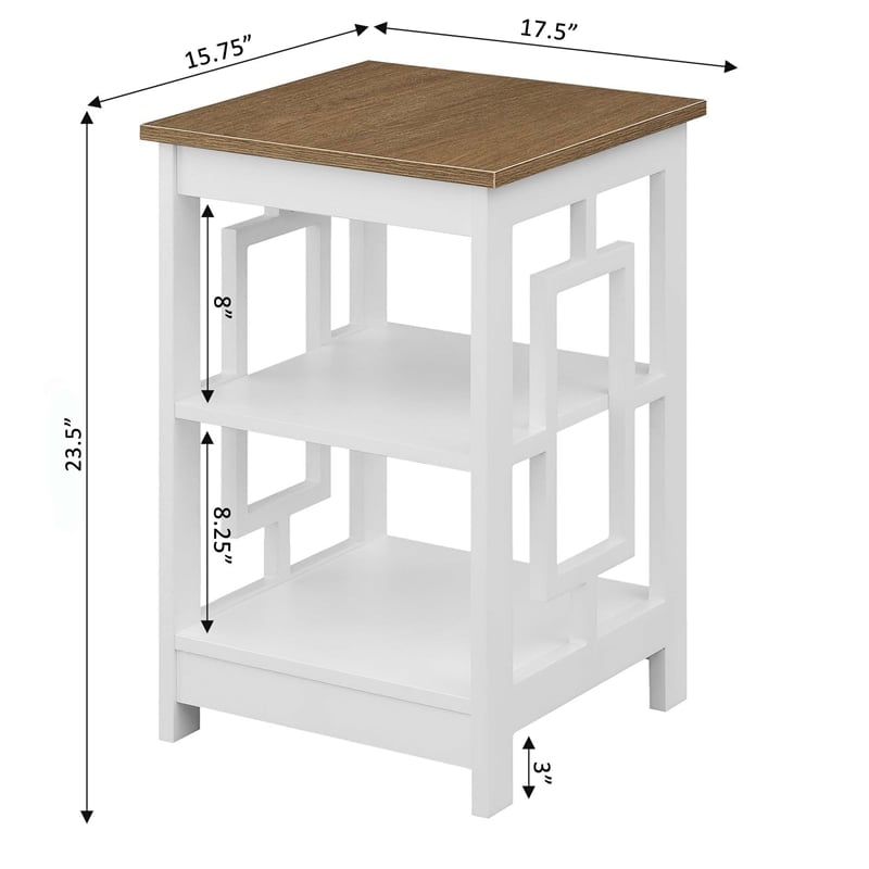 Town Square End Table with Shelves in White Wood with Driftwood Top Finish
