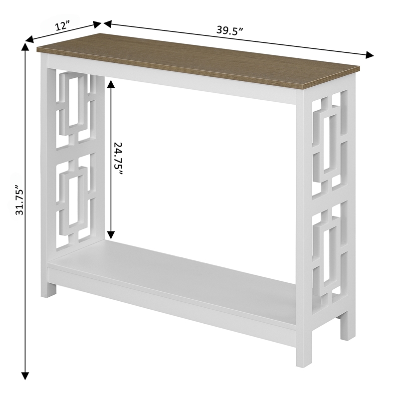 Town Square Console Table with Shelf in White Wood with Driftwood Top