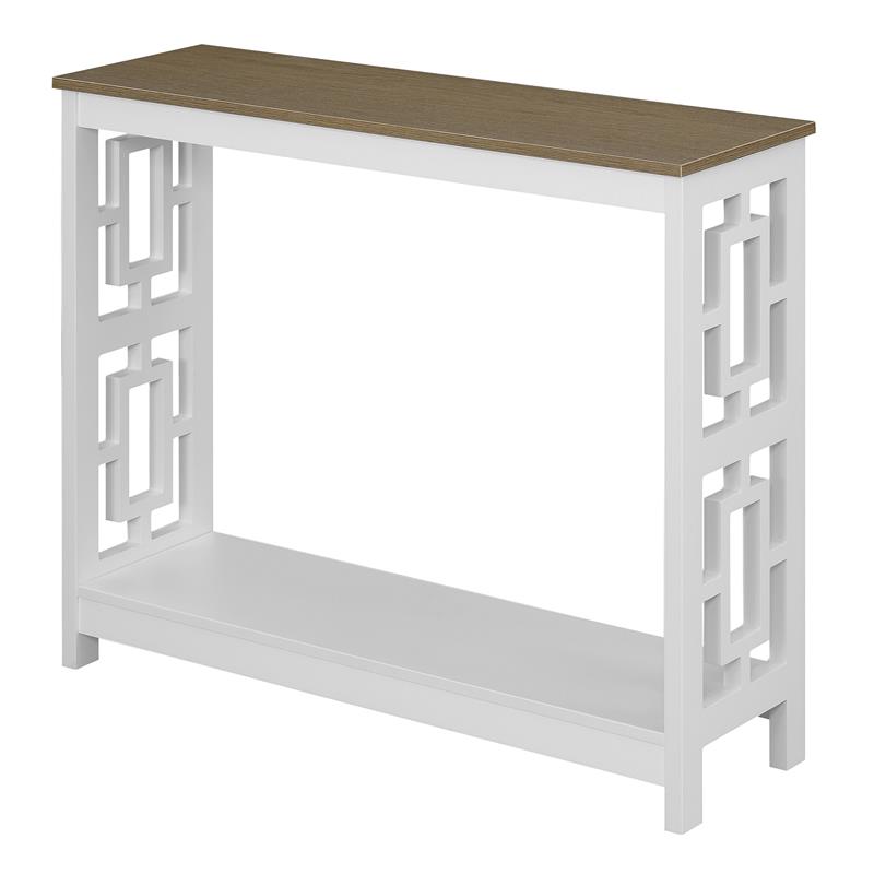 Town Square Console Table with Shelf in White Wood with Driftwood Top