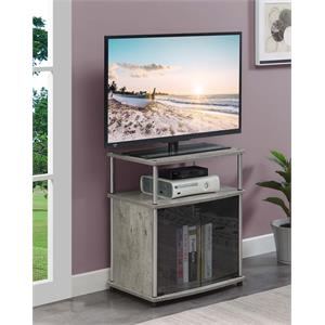 designs2go tv stand with black glass storage cabinet and shelf in gray wood