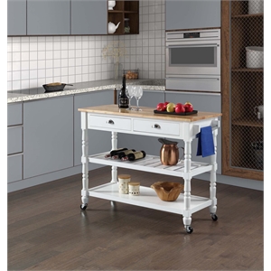 French Country Three-Tier Butcher Block Kitchen Cart with Drawers in White Wood