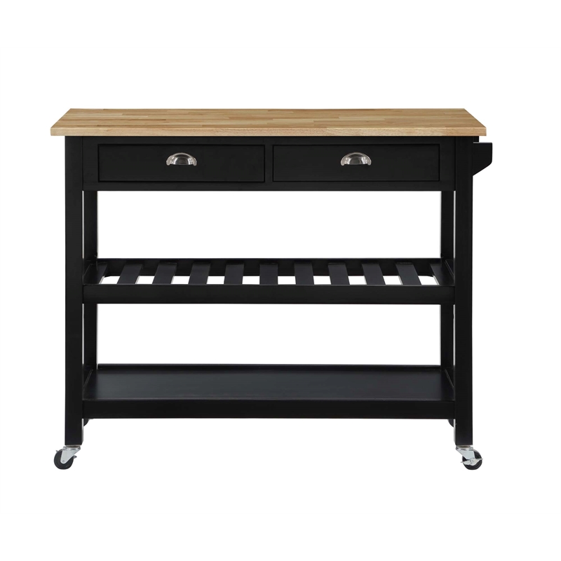 American Heritage Three-Tier Butcher Block Kitchen Cart w/ Drawers in Black Wood