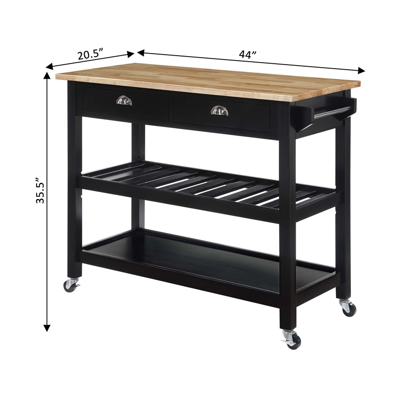 American Heritage Three-Tier Butcher Block Kitchen Cart w/ Drawers in Black Wood