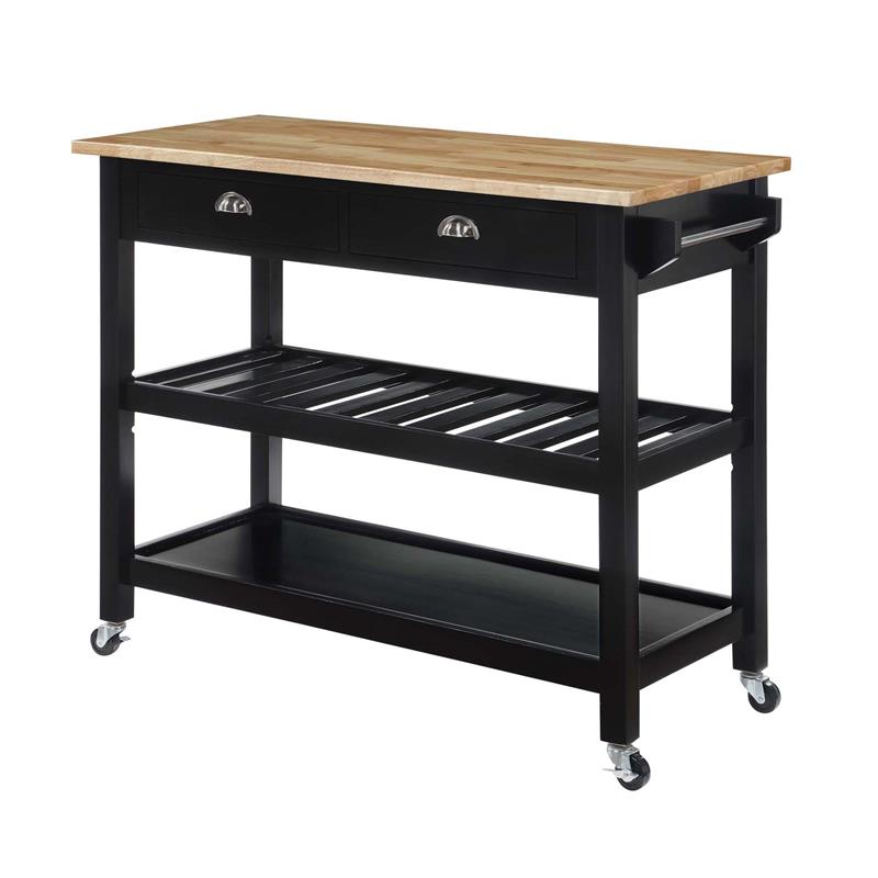 American Heritage Three-Tier Butcher Block Kitchen Cart w/ Drawers in Black Wood