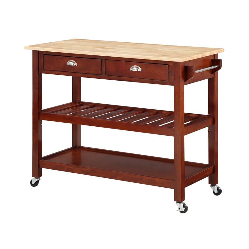 American Heritage Three-Tier Butcher Block Kitchen Cart w/Drawers- Mahogany Wood