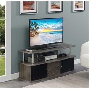 designs2go tv stand with three storage cabinets and shelf in medium gray wood