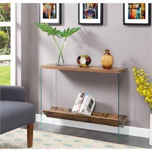 soho v console table with shelf in nutmeg wood finish and clear glass panels